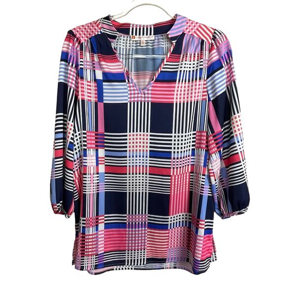 Jude Connally Chris Top Size S – Red White‎ Blue Check 3/4 Sleeve Patriotic - Picture 1 of 6